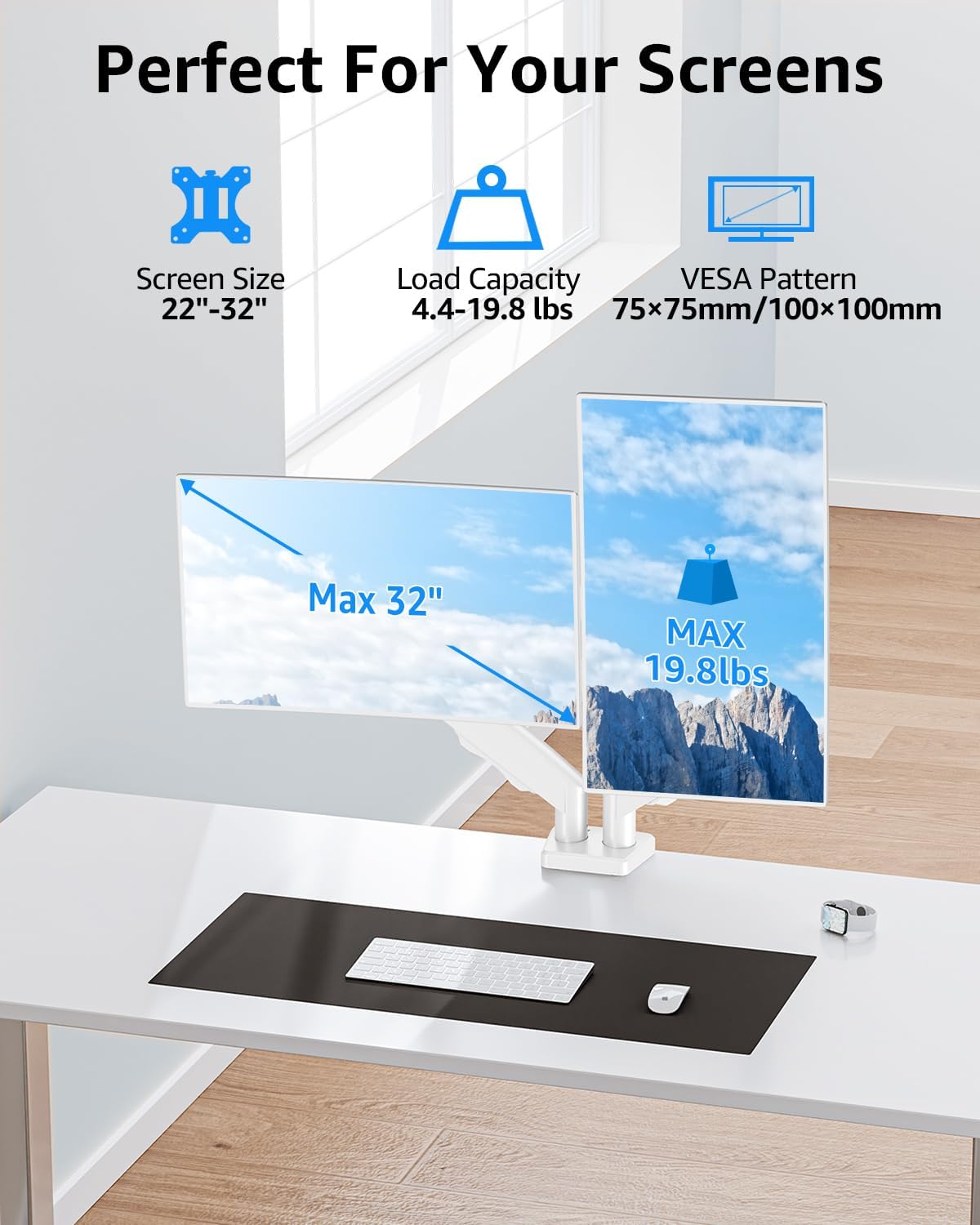 Dual Monitor Stand fits up to 32 inch, 4.4-19.8 lbs Computer Screens, Dual Monitor Desk Mount Height Adjustable, Monitor Arms for 2 Monitors, Home Office VESA Mounts, Freelift White