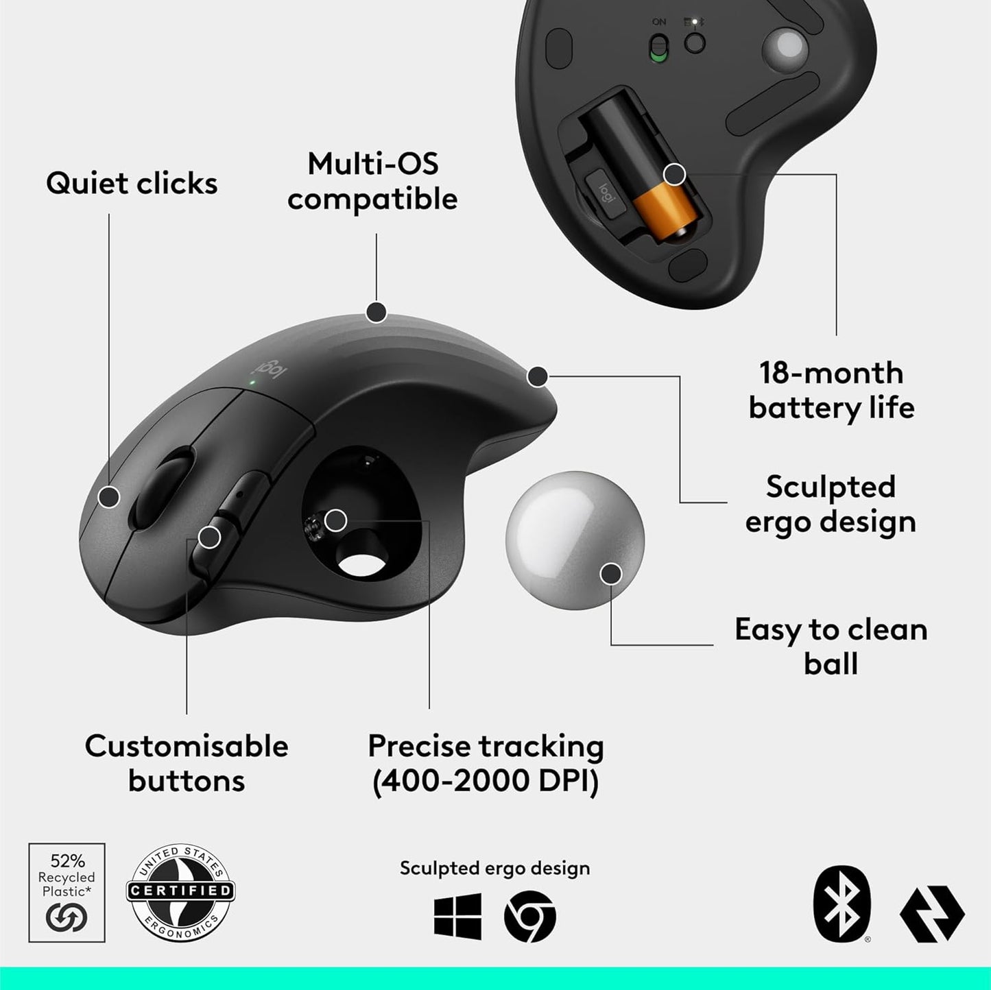Logitech Ergo M575S Wireless Bluetooth Trackball Mouse - Black Silver Ball | Easy thumb control, precise and smooth tracking, Bluetooth and includes Logi Bolt USB receiver, PC Mac compatible