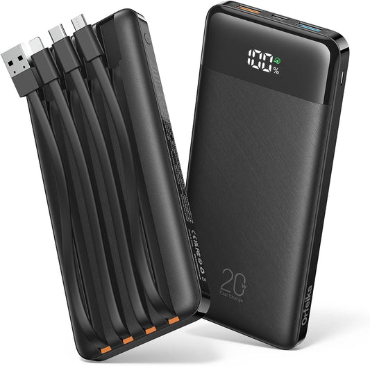 Orfeika 20000mAh Power Bank Fast Charging, Portable Charger with 4 Built-in Cables & 6 Outputs, 20W PD USB C Battery Pack Compatible with iPhone 16/15, Galaxy, Android, iPad & More (Travel Essential)