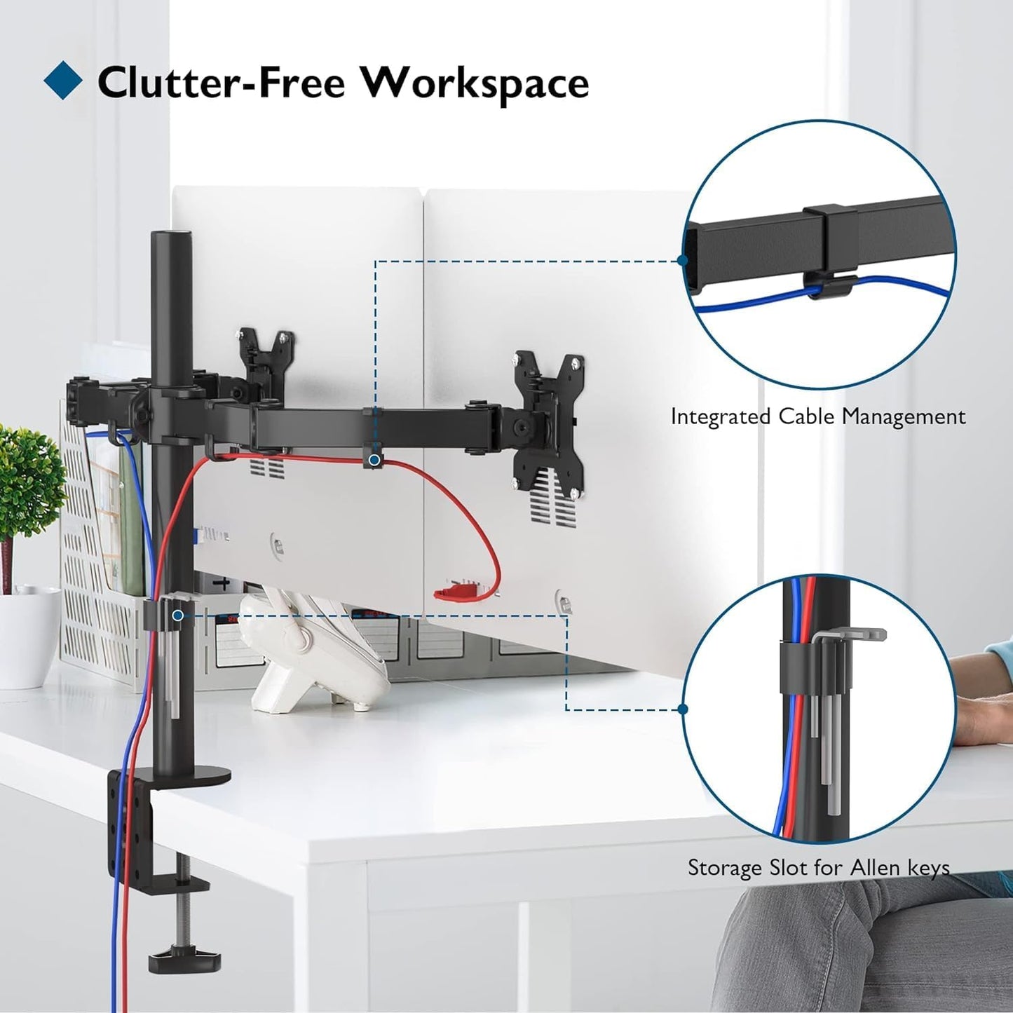 BONTEC Dual Monitor Desk Mount, 13-27 Inch, 22lbs, VESA 75x75/100x100,Black | Full Motion Adjustable Stand, Heavy Duty Arms, C Clamp and Grommet Base, Cable Management for Flexible Screen Positioning