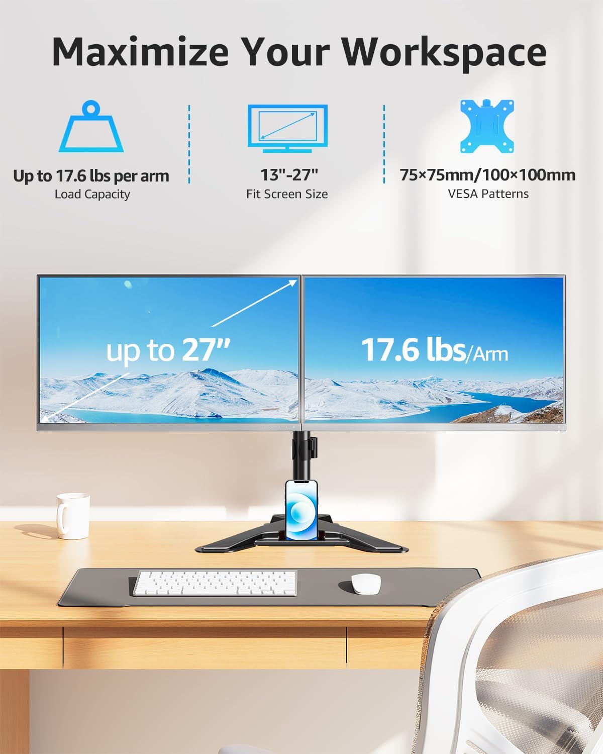 MOUNTUP Dual Monitor Stand - Freestanding & Height Adjustable Monitor Desk Mount, Steady VESA Mount Holds Max 17.6 lbs, Computer Monitor Stand for 2 Screens up to 27 inches, For Home Office