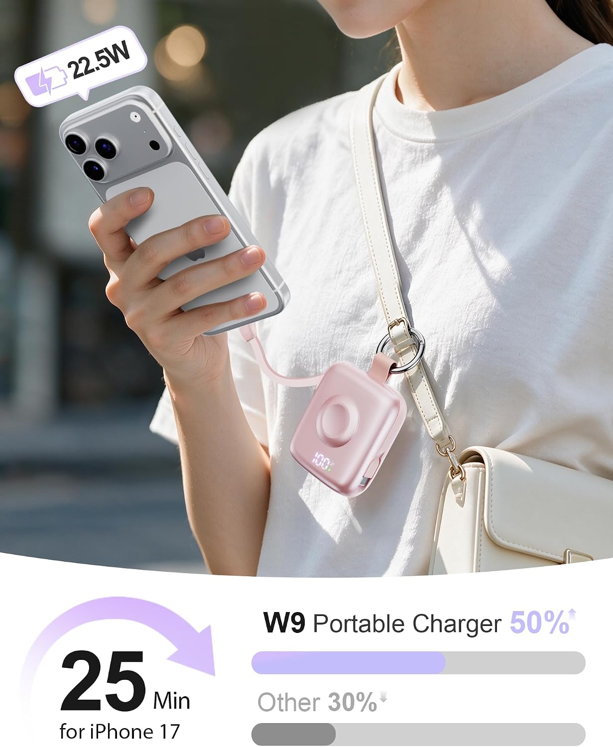 Portable Charger 3 in 1, Smaller 10000mAh Built-in Cables 22.5W Power Bank | Travel Essentials, Fast Charging Keychain Battery Pack for iPhone17/16/15/14/13, Android, iWatch Ultra/11/10/9/8, Pink
