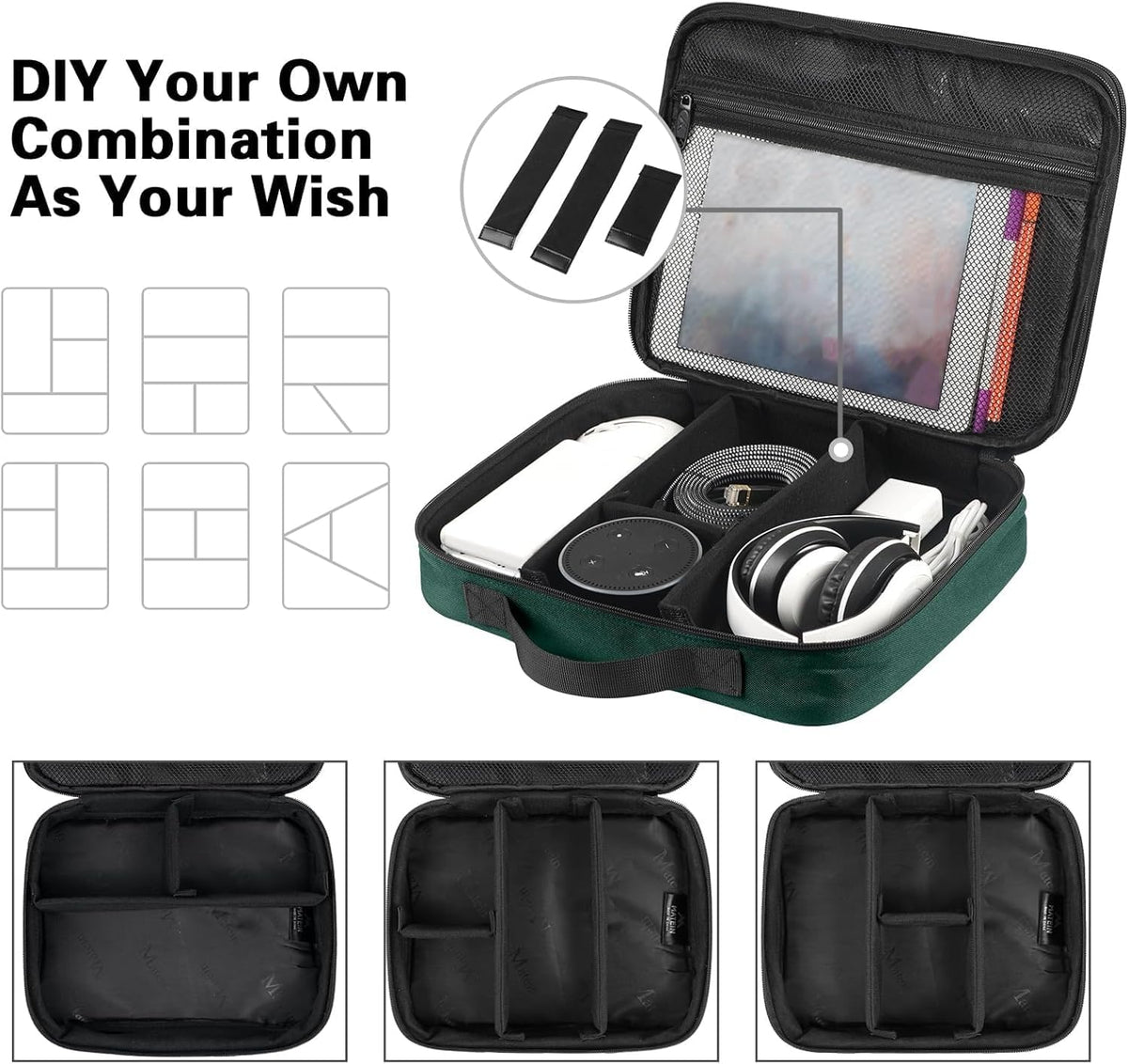 MATEIN Tech Organizer Travel Case, Large Water Resistant Cable Organizer | For Electronic Accessories, Sturdy Carrying Tech Bag, with Handle for Cord, Power Bank, Tablet (Up to 12.9inch), Peacock Blue