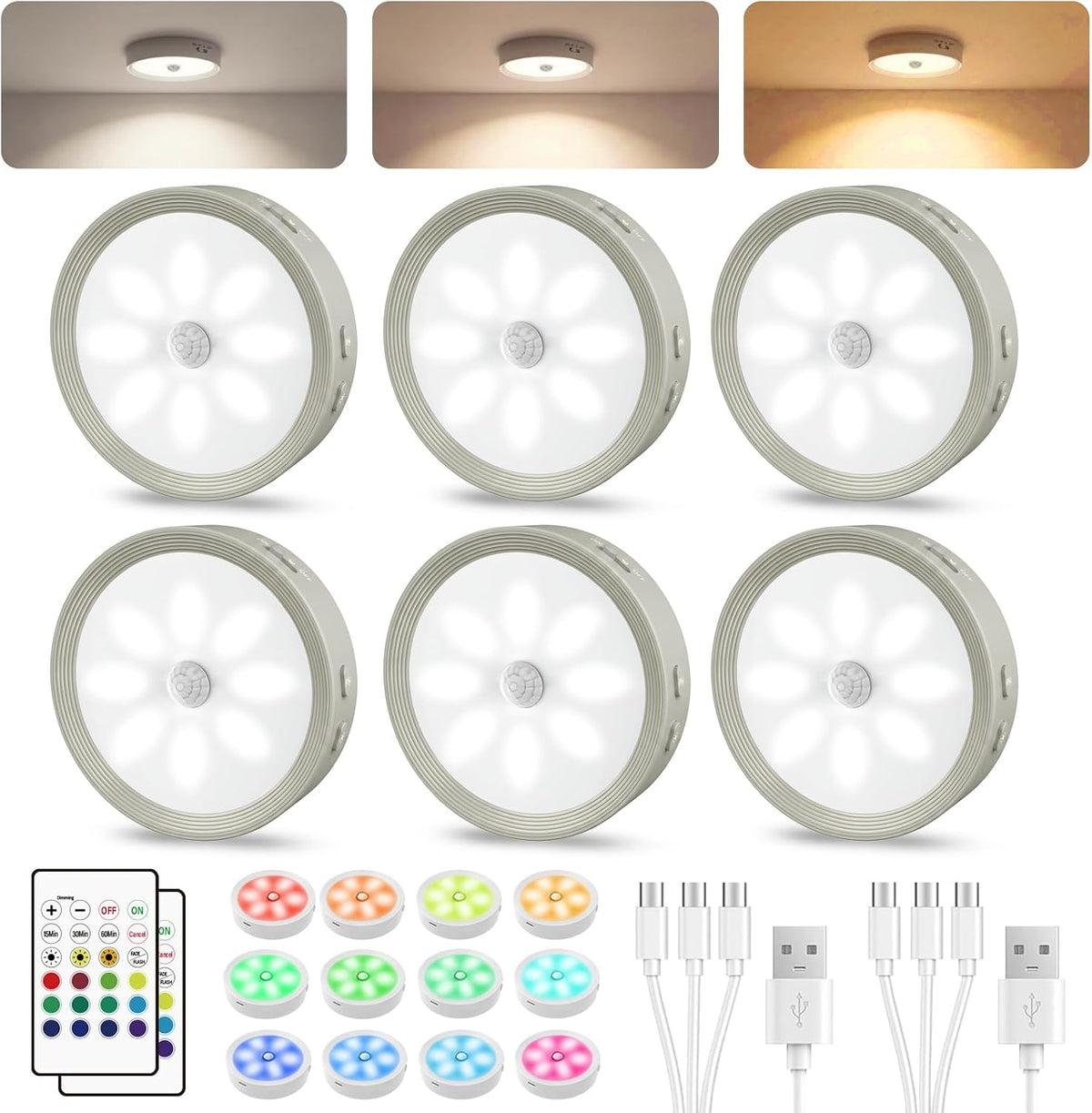 6-PACK Led Puck lights Closet Lights Motion Sensor Cabinet Lights Grey