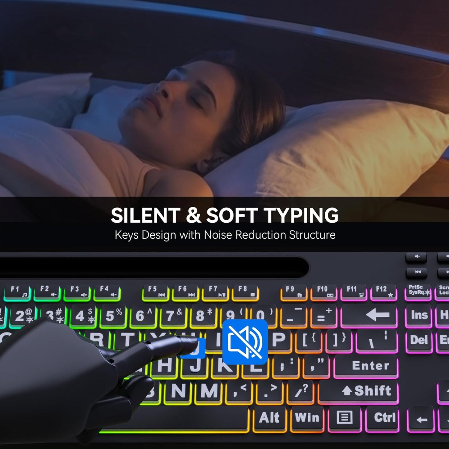MARVO Large Print Backlit Keyboard, WK712 Wired Computer Keyboards with 7 Colors & 11 Modes Backlight, Tablet Phone Holder and Quiet Light Up Keys, Full-Size Gaming Keyboard for Windows, Mac