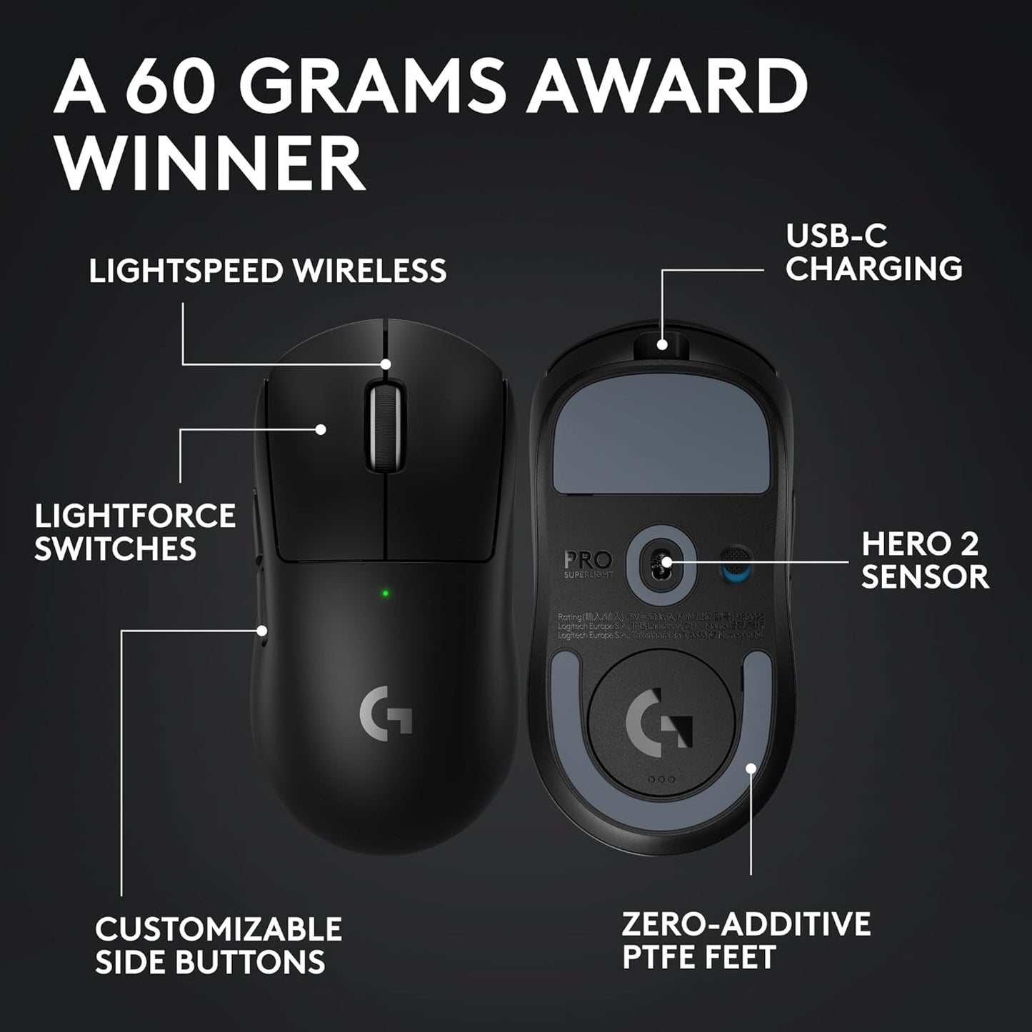Logitech G PRO X Superlight 2 Wireless Gaming Mouse - Black | 60g, Symmetrical Shape, <8 kHz Polling, 44K DPI, PowerPlay Wireless Charging Supported, USB-C, 5 Buttons, For PC/Mac
