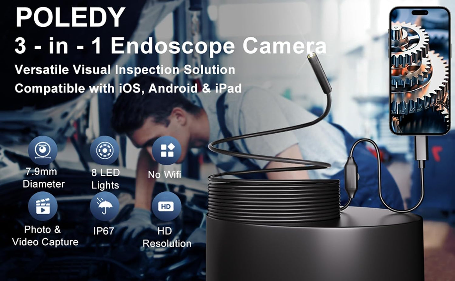 Endoscope Camera with Light, 1920P HD Borescope, 8 Adjustable LED Light, IP67 Waterproof 16.4ft Snake Camera, Semi-Rigid Cable Inspection for Android, iOS