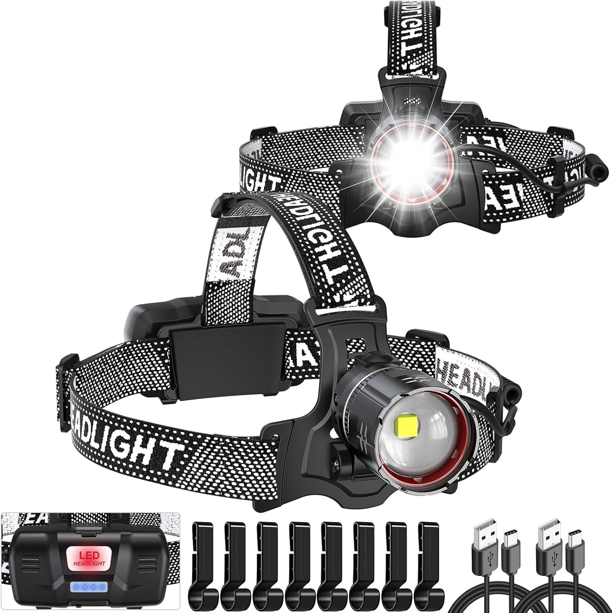 Headlamp Rechargeable Super Bright, 2 Pack High Lumen LED Head Lamp with Motion Sensor, 5 Modes Zoomable Head Light for Forehead, 90° Adjustable, Waterproof Headlamps for Adults Hard Hat Light Camping