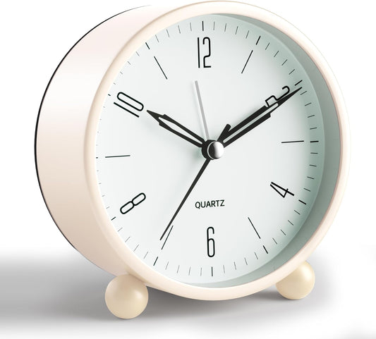 JALL Analog Alarm Clock, 4 inch Super Silent Non Ticking Small Clock with Night Light, Battery Operated, Simple Design, Old Fashioned Style Cream Decor, for Bedroom, Bedside, Desk, Adult, Gift, White