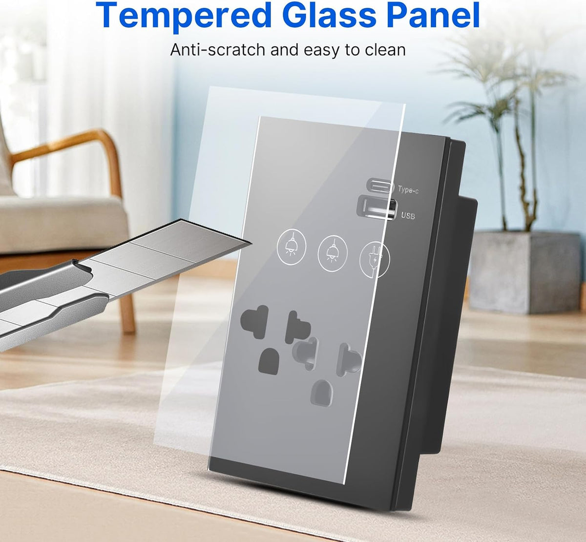 2.4GHz WiFi Light Switch with Type-C USB Power Outlet Neutral Wire Required 2 Way Control Tempered Glass Panel Timing Light Switch APP Voice Remote Control Smart Home Devices