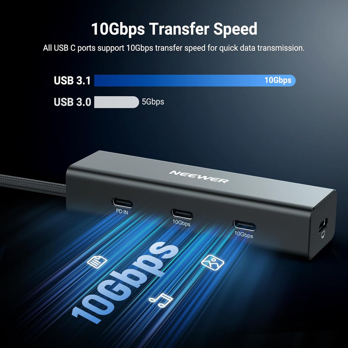 NEEWER USB C Hub Dock with Cold Shoe Mount, 4 in 1 USB 3.1 Gen2 Extender Multiport Adapter Dongle 100W PD Charging 10Gbps 4K 60Hz Compatible with iPhone iPad Mac Android Laptop Field Monitor, PS030E