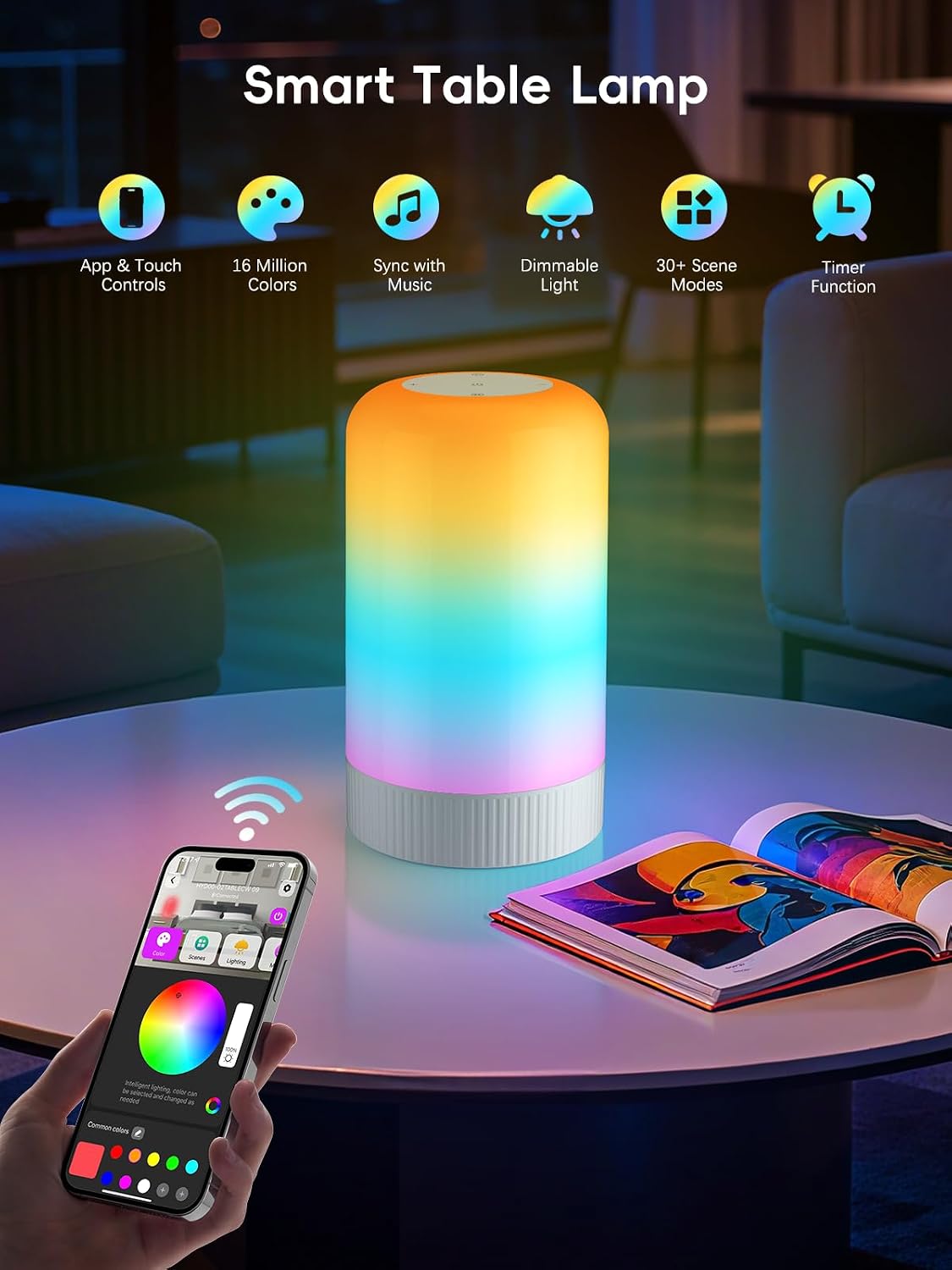 RGBICWW Smart Table Lamp, Touch Bedside Lamp with App Control, LED Desk Lamp with Music Sync, 30+ Scenes &amp; 16M Colors, Color Changing Lamp for Bedroom Living Room Gaming Dimmable Night Light, White