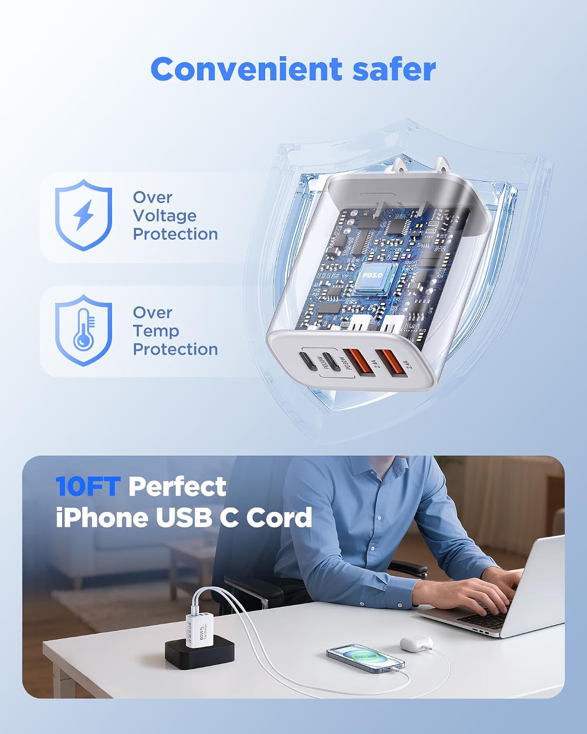 60W USB C Charger,2Pack 10FT iPhone 17 Pro Max Charger Fast Charging,4Port USB-A USBC Charger Block with 10ft USB C Cable Cord for Apple iPhone 17 Pro Max/17 Air/16 Pro Max/15 Plus/16/iPad,AirPods