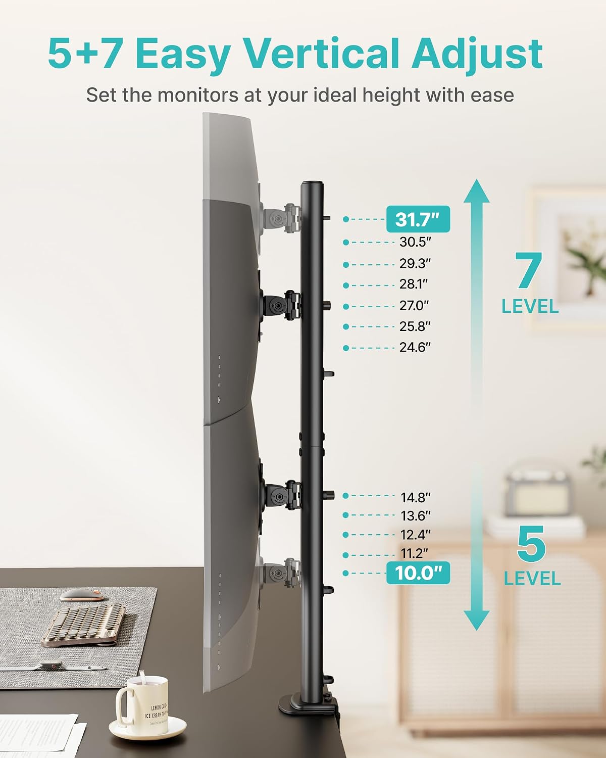 Pegzone Vertical Dual Monitor Mount for 17–34 Inch Screens, 33 lbs per Arm | Stacked Monitor Stand, 33.1" Extra Tall Pole, Full Motion Height Adjustable Mount, 75/100 VESA, Clamp & Grommet