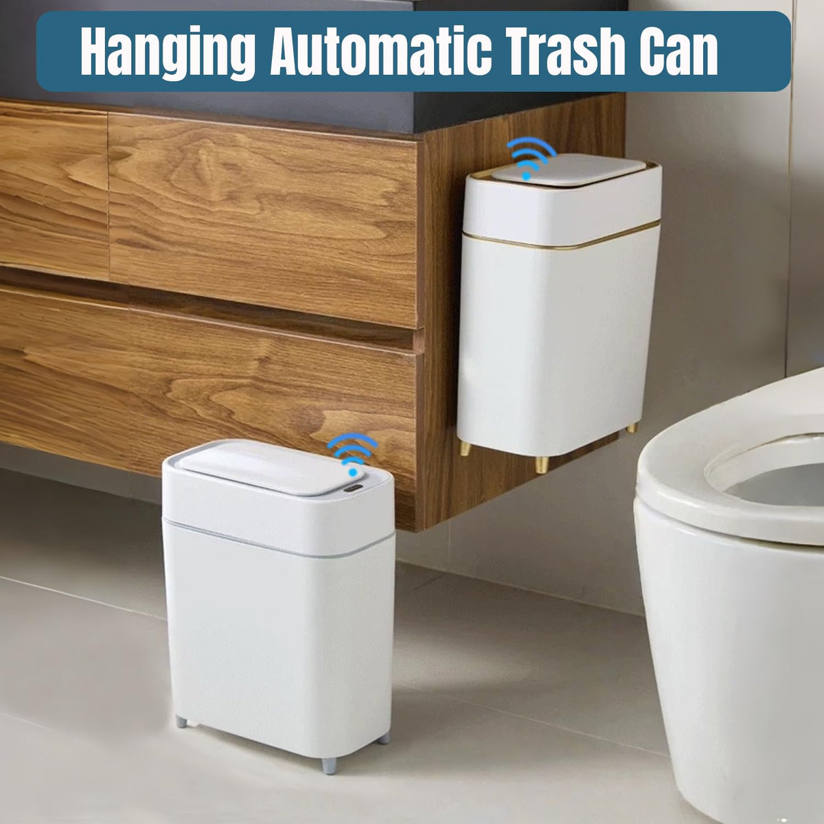 2-Pack Automatic Bathroom Trash Can with Lid, Slim Motion Sensor Garbage Can, Waterproof Touchless Trash Bin, Smart Trashcan for Bedroom, Living Room, Narrow Space, 2.3 Gallon, White+Gold Trim