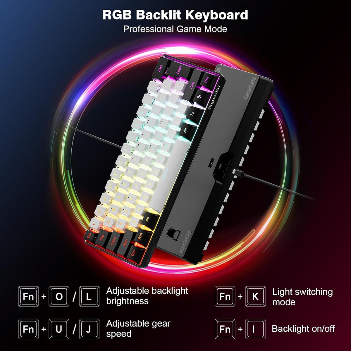 Snpurdiri 60% Wired Gaming Keyboard, 61 Keys RGB (Black-White) | Backlit Ultra-Compact Small Gaming Keyboard, for PC/Mac Gamer, Typist, Travel, Easy to Carry on Business Trip