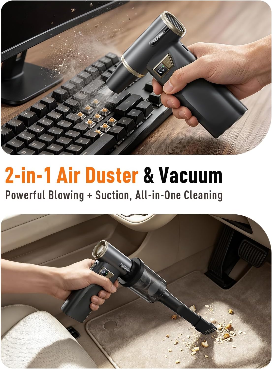 REWONDER Electric Air Duster Rechargeable Cordless Air Blower | 130000RPM Brushless Motor, 100 Adjustable Speeds, LED Display, Duster Blower for PC, Computer, keyboard, Car, Home Cleaning