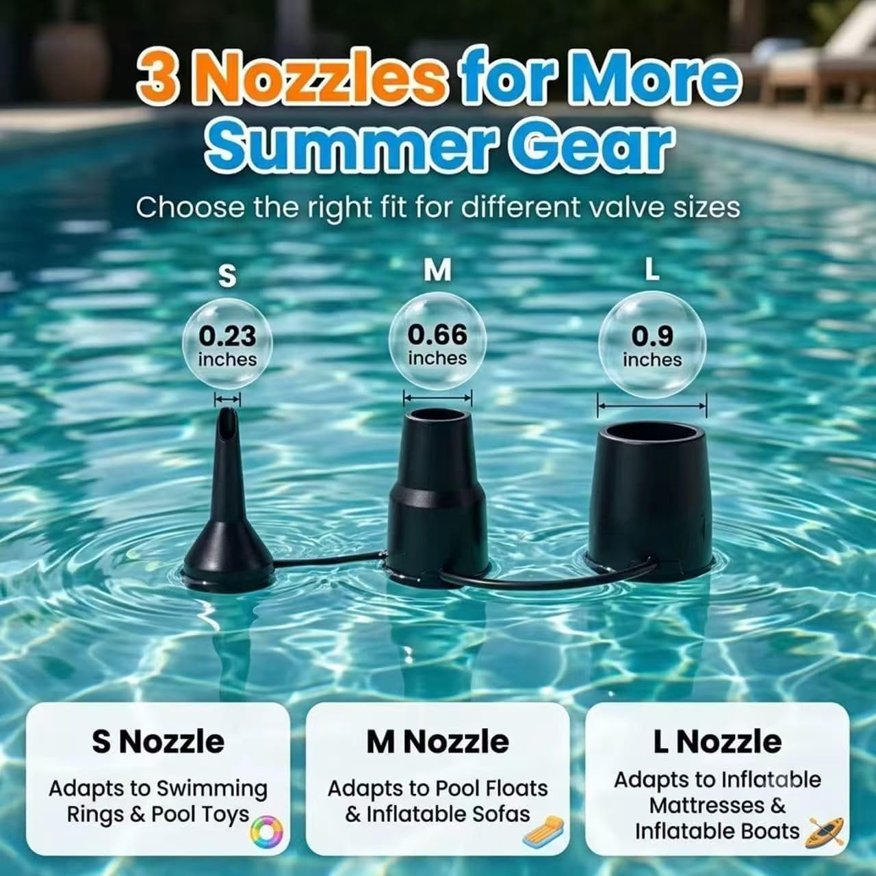 Portable Air Pump with 3 Nozzles,5kPa for Inflatables Mattress Pool Floats Toy Water Raft Bed Boat Pool Toy with 110 US Adaptor and Car-Powered 12v-DC