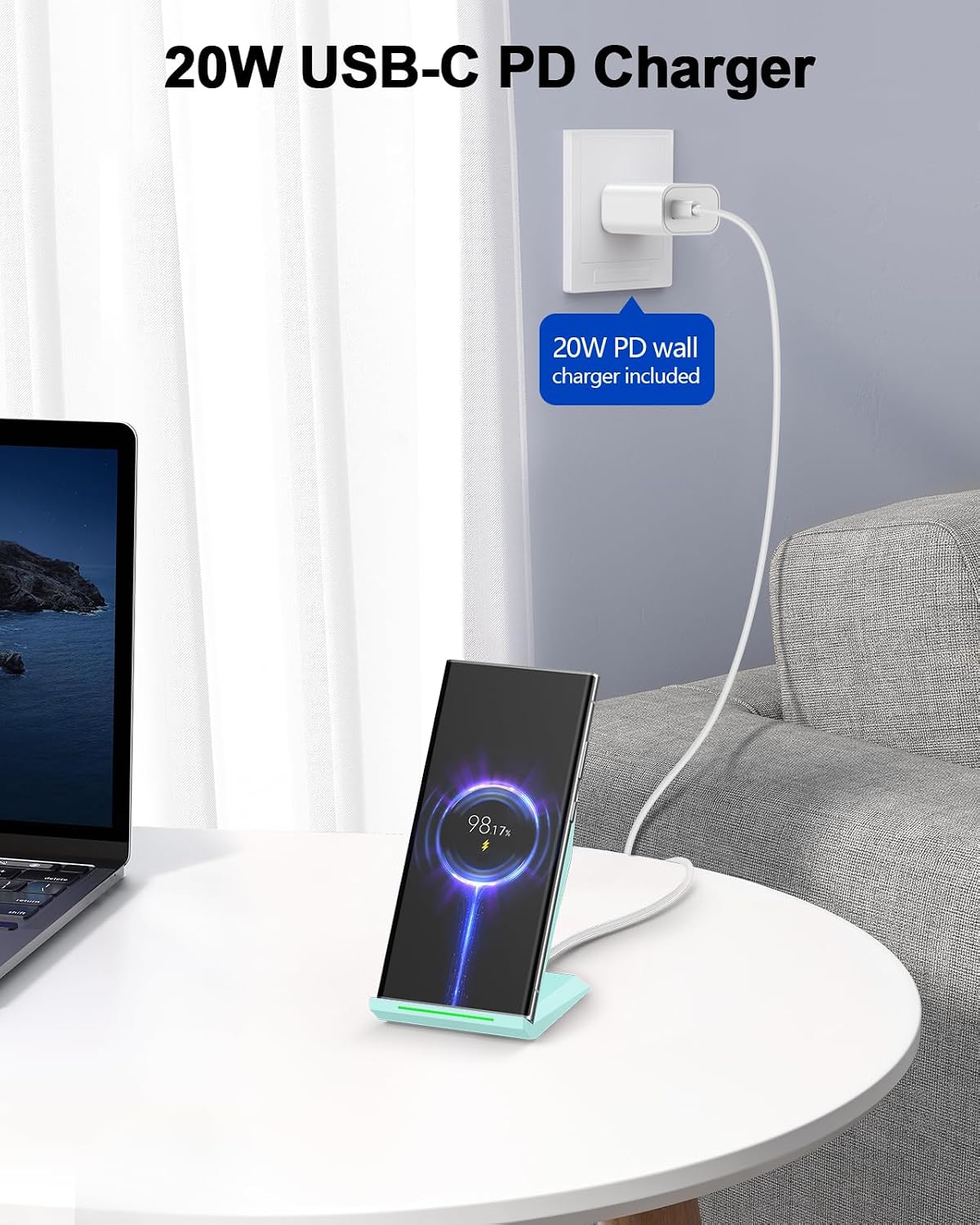NANAMI Fast Wireless Charger, Nightstand Charging Stand with 20W PD Adapter