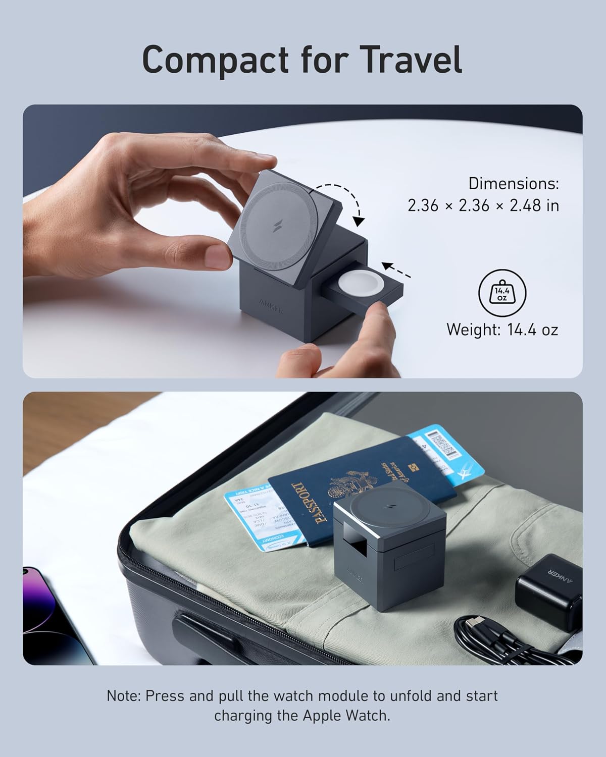 Anker 3-in-1 Cube MagSafe Compatible 15W Foldable Charging Station | Wireless Charger, Compact Desktop Stand for iPhone 17 / 16 Series, Apple Watch, and AirPods (Adapter Included, Non-Battery)
