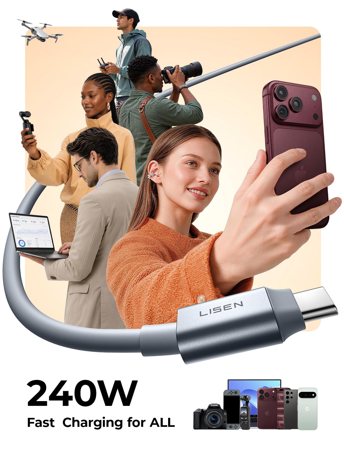 LISEN 240W Magnetic USB C Cable Fast Charging (2 Pack 5FT) Silicone Soft