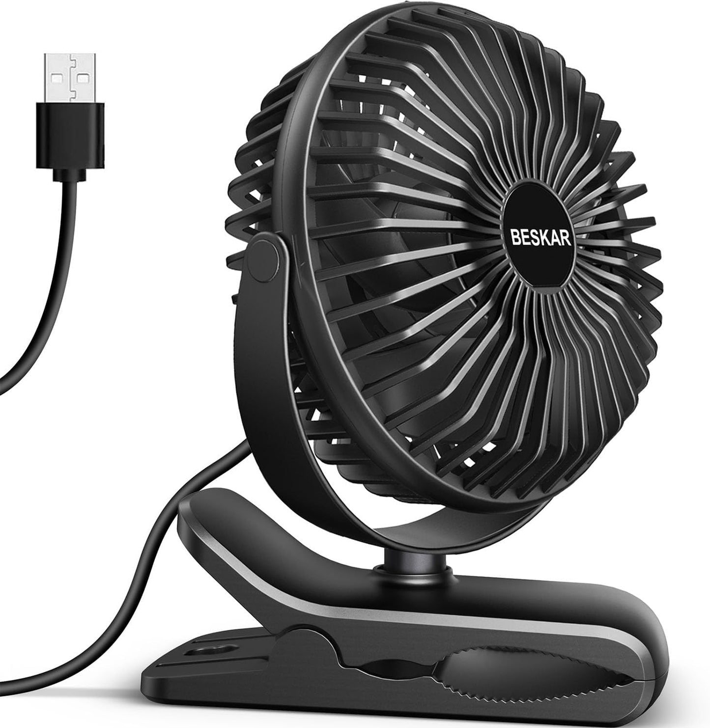 BESKAR USB Clip on Fan, Portable Small Desk Fan with Cord Powered | 3 Speeds Strong Airflow, Sturdy Clamp, Ultra Quiet Personal Cooling Fan for Office Dorm Bedroom Stroller