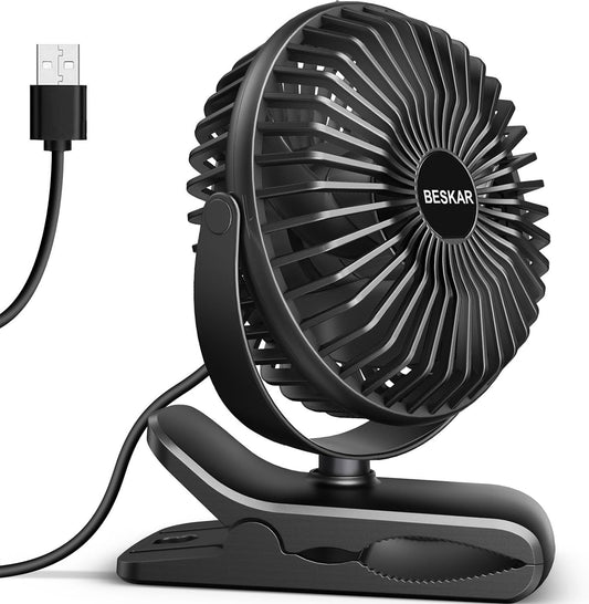BESKAR USB Clip on Fan, Portable Small Desk Fan with Cord Powered | 3 Speeds Strong Airflow, Sturdy Clamp, Ultra Quiet Personal Cooling Fan for Office Dorm Bedroom Stroller