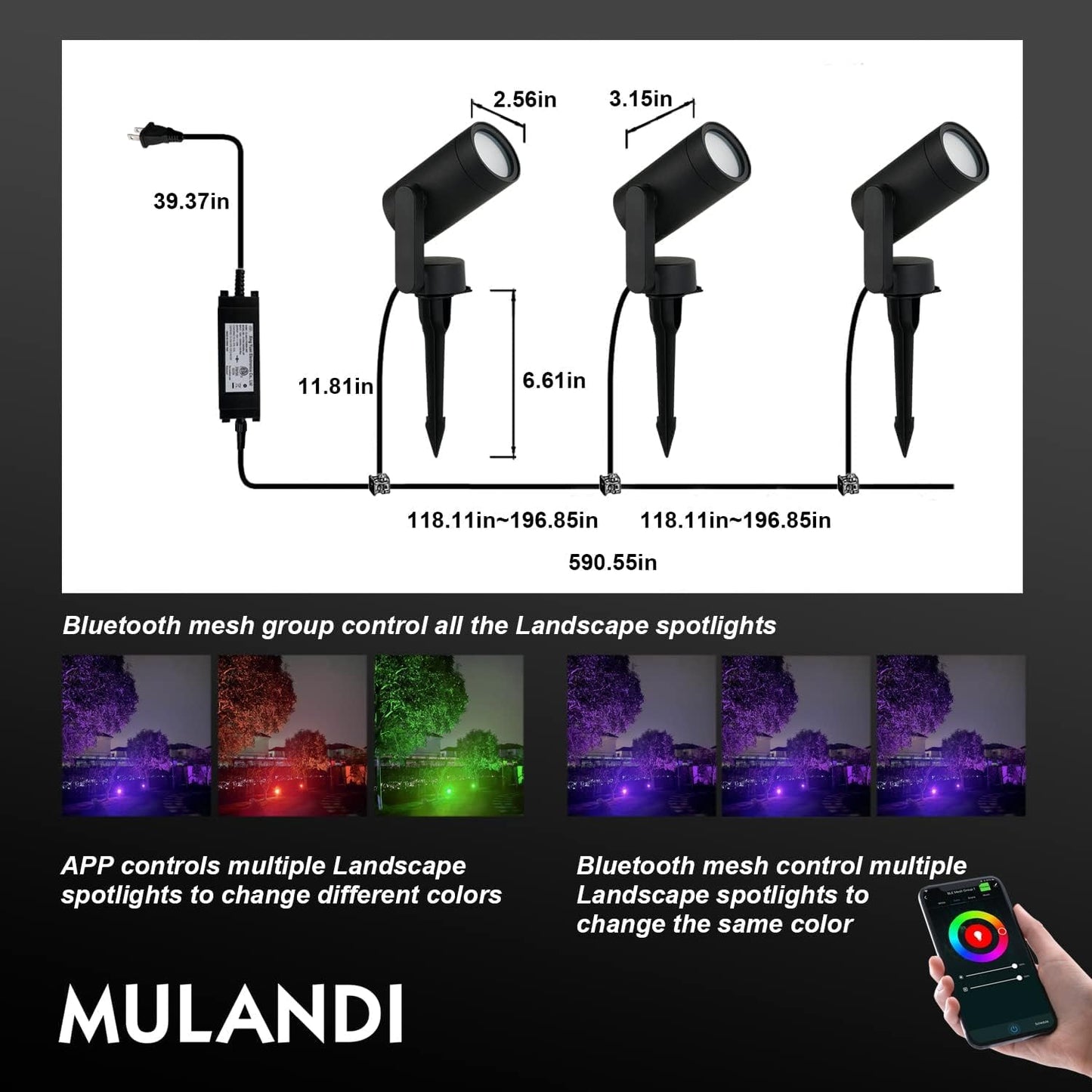 Smart Landscape Lighting, 3 Pack RGBW Color Changing LED with App Control Waterproof Spotlight, Outdoor Yard Spot Lights with 36W Transformer & Timer, LED Lawn Light with Music Sync