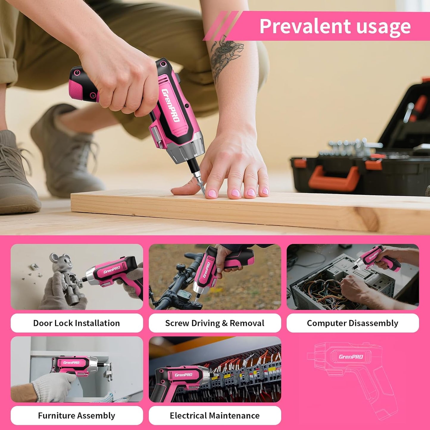 GRENPRO 4V Cordless Electric Screwdriver Set, 29-Piece, Pink | Built-In Non-Removable Battery Charges via USB, Not Sold Separately, Included Bits Support Home Repairs and Assembly
