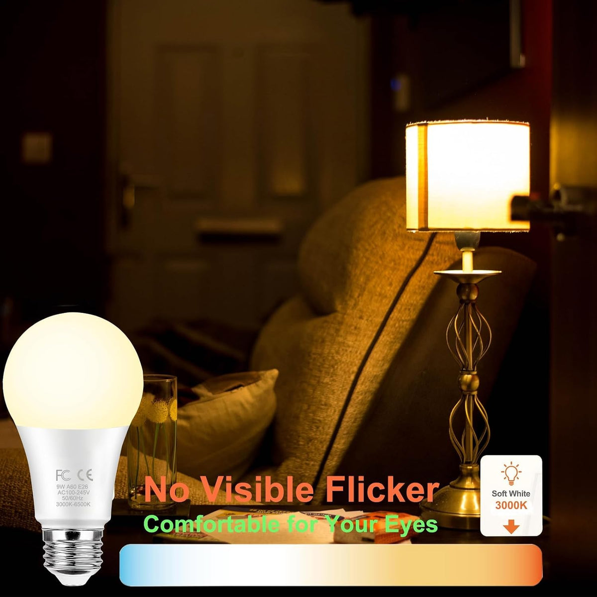 GRV E26 A60 9W Smart LED Light Bulb with a 2.4GHz Remote Control,Color Changing Led Bulbs,Stepless Dimmable 2700K-6500K,60W Incandescent Lamp Equivalent,800Lumens,Home Decor,1 Bulb & 1 Remote