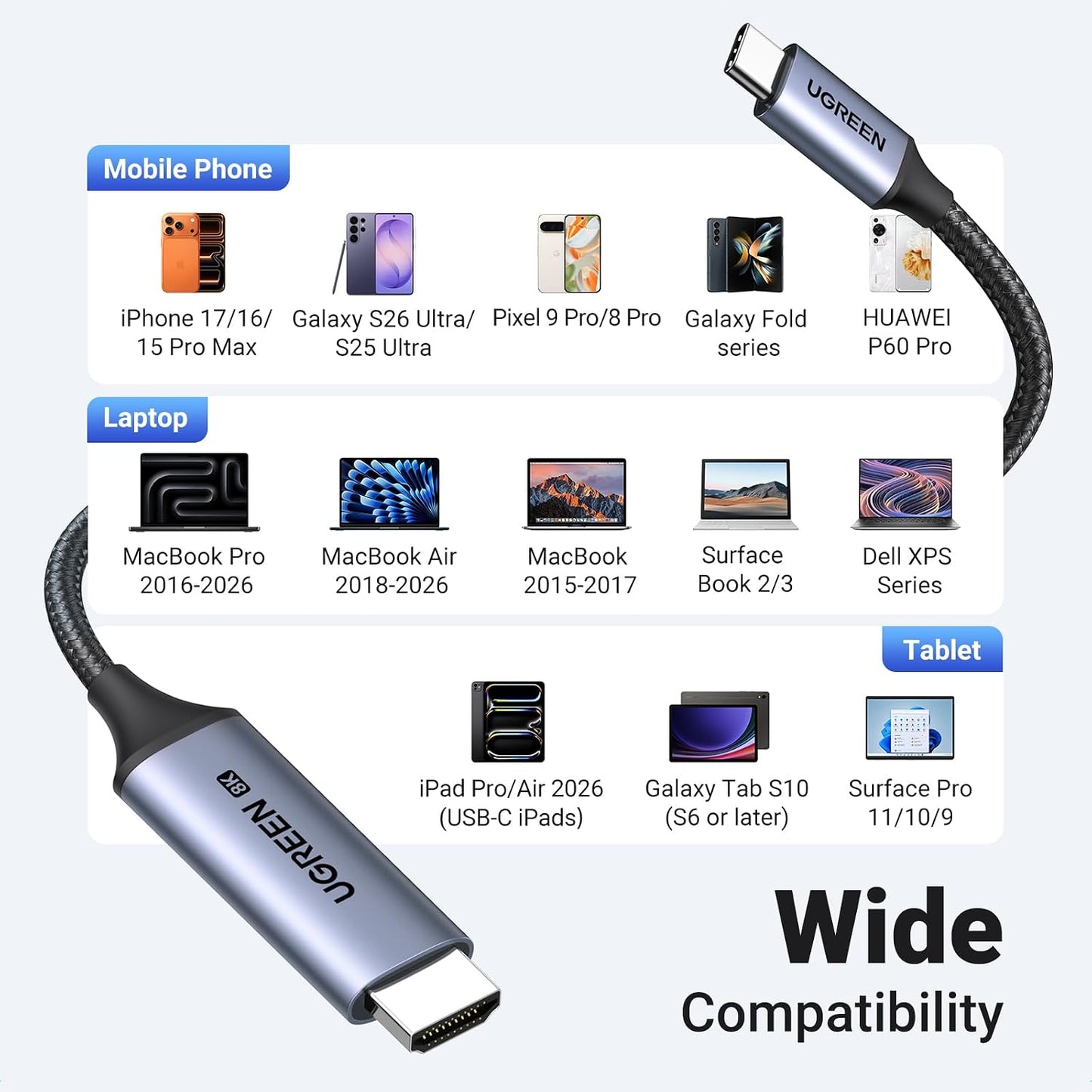 UGREEN USB C to HDMI 2.1 Cable 8K@60Hz 4K@240Hz for Home Office, 6.6FT | Unidirectional,48Gbps,HDR,HDCP2.3,Compatible for MacBook Pro Air iPad,Mac mini,iPhone 17 ProMax,Galaxy S26,Pixel 9,XPS