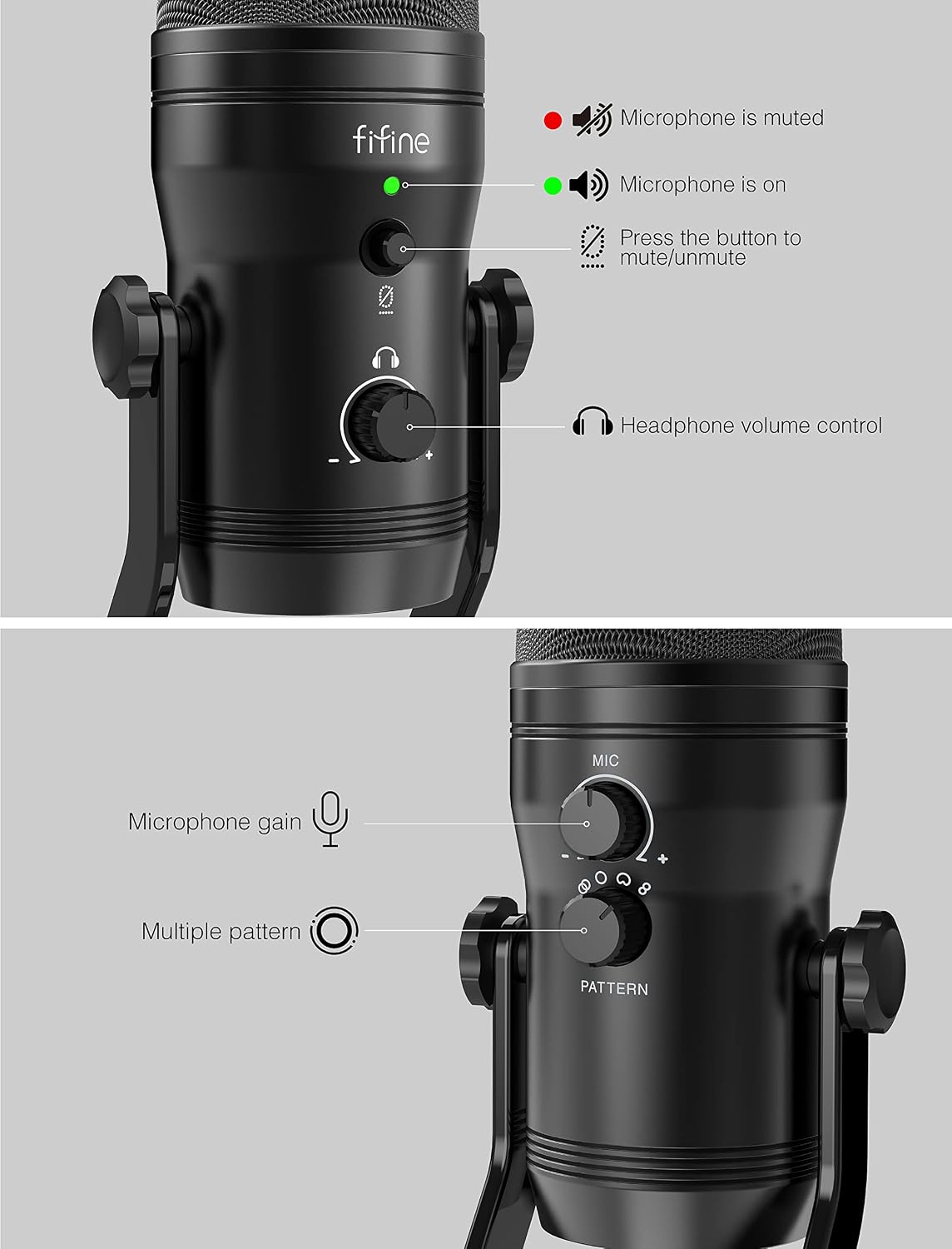 FIFINE K690 USB Studio Recording Microphone for ASMR Zoom-Meeting | Computer Podcast Mic for PC, Mac, Mute Button, Monitor Headphone Jack, Four Pickup Patterns for Gaming, Vocals, Streaming