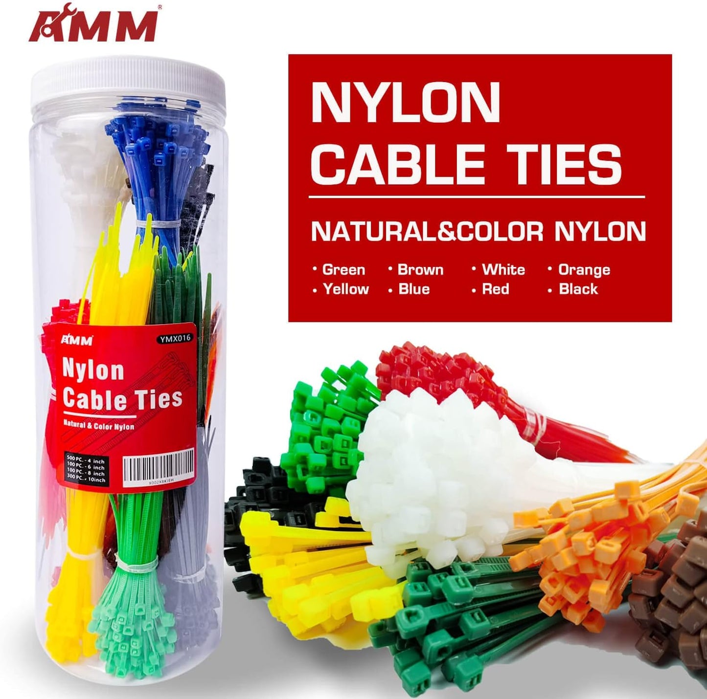 AMM Cable Zip Ties，1000 Pack colored zip ties Assorted Sizes 4, 6, 8 and 10 inches with a plastic storage jar，Multi-Purpose Self-Locking Nylon Cable Ties Cord Management Ties,Wire Ties for Home,Office