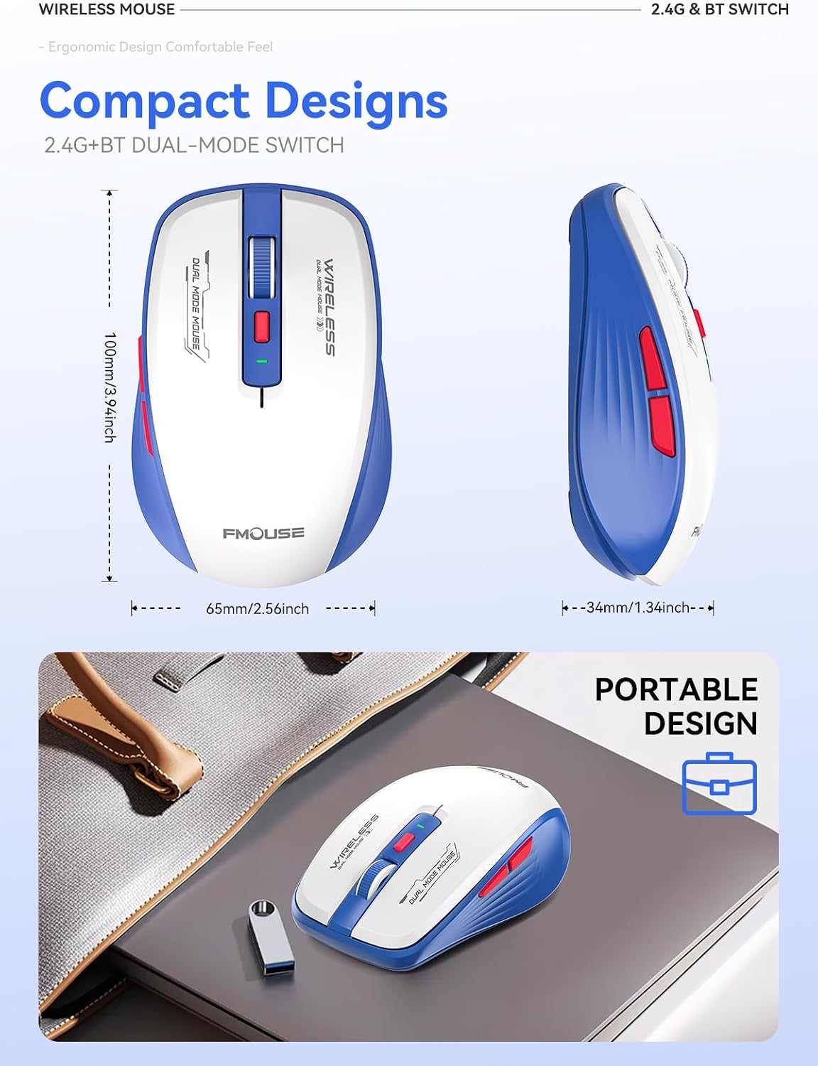 FMOUSE Silent Wireless Mouse, Dual Mode Bluetooth 2.4G, AA Battery Powered