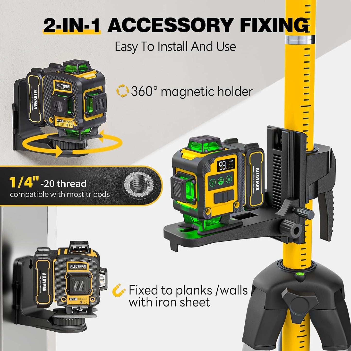 Alloyman 4x360°Self Leveling Laser Level, 12 Ft./3.7M Professional Laser Level Pole with Tripod, Green Line Lazer Leveler Tool with 2* Li-ion Batteries for Picture Hanging, Tile, Home Renovation