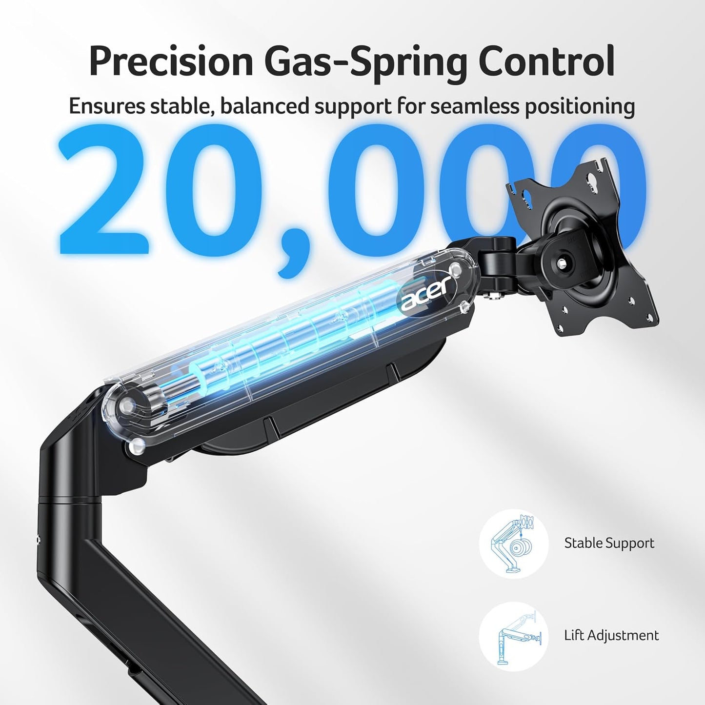Acer Dual Monitor Arm, Gas Spring VESA Mount Stand for 17-32" Screens | Computer Desk Arm Fully Adjustable VESA 75x75/100x100 with C-Clamp & Grommet Mounting Base, Each Arm Holds 4.4 to 19.8 lbs