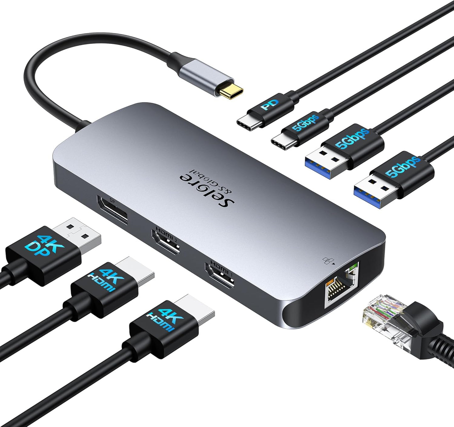 USB C Docking Station Dual Monitor, Selore Docking Station 3 Monitors | Triple 4K Display with 2 HDMI, DisplayPort, 1Gbps Ethernet, 100W PD Charging, USB 3.0 Ports Adapter for Dell, HP, Lenovo,etc