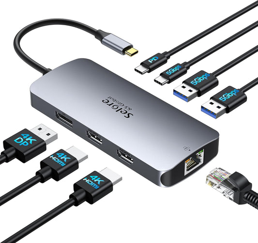 USB C Docking Station Dual Monitor, Selore Docking Station 3 Monitors | Triple 4K Display with 2 HDMI, DisplayPort, 1Gbps Ethernet, 100W PD Charging, USB 3.0 Ports Adapter for Dell, HP, Lenovo,etc