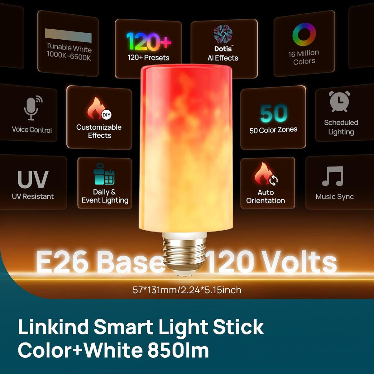 Linkind Smart Light Stick, Flame, Color and White Smart Light Bulb, 850lm