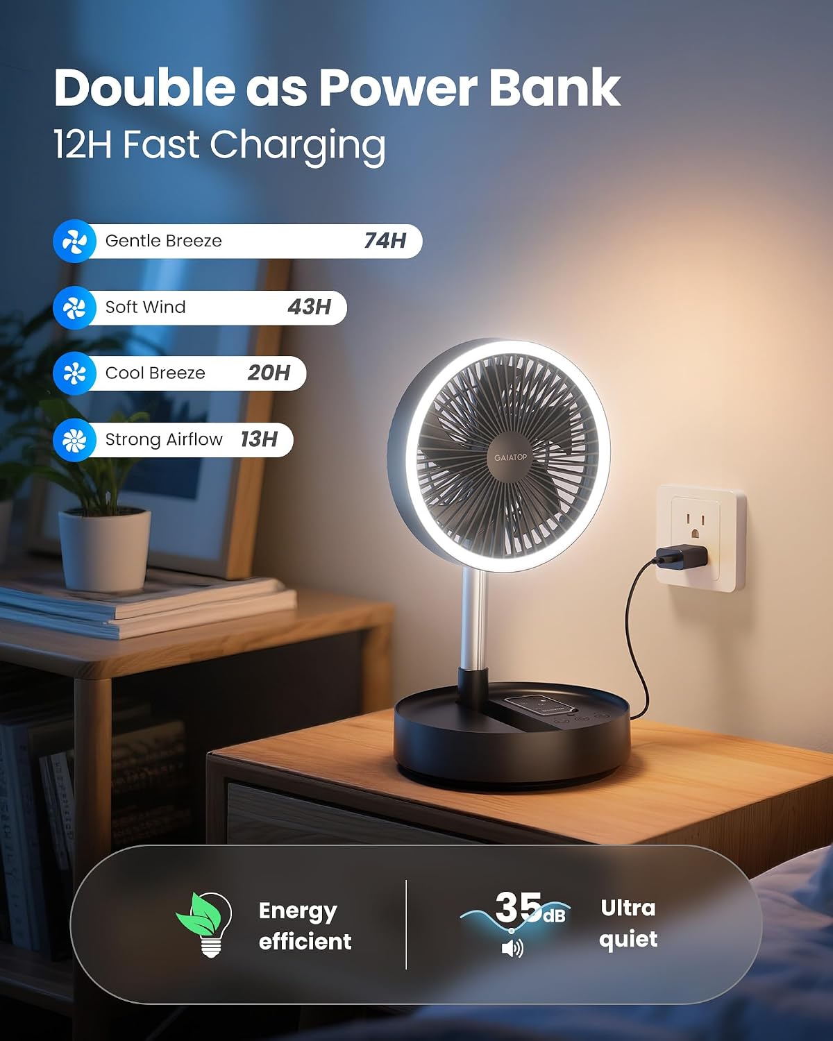 Gaiatop Portable Pedestal Fan 16000mAh Battery [Max 74h Runtime], Foldable Oscillating Standing Fan, Collapsible Desk Fans, LED Light, Case & Remote Control 4 Speeds for Outdoor Travel Camping (Black)