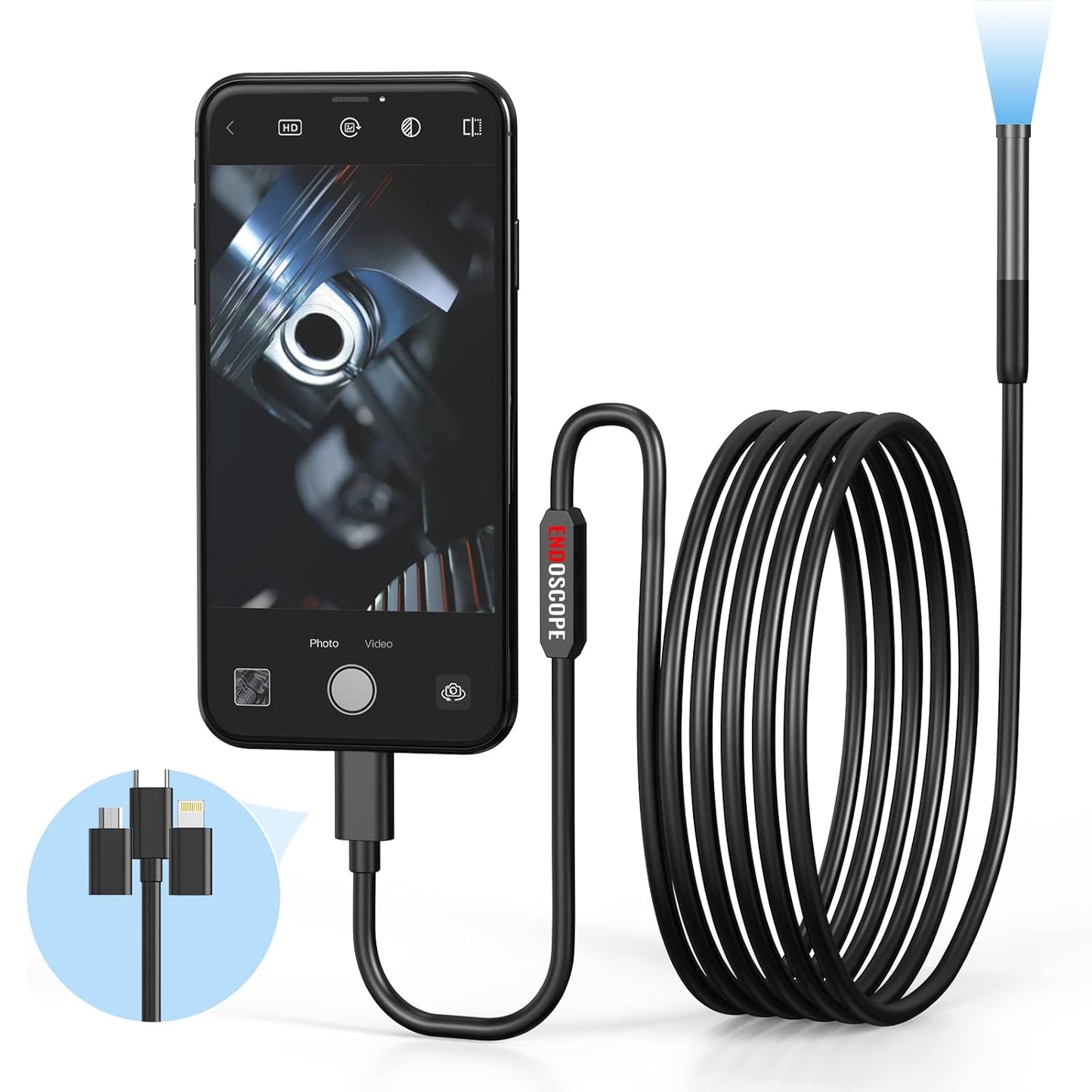 Endoscope Camera with Light, Borescope with 6 LED Lights,Endoscope with 9.8ft Semi-Rigid Snake Camera,IP67 Waterproof Inspection Borescope Camera with Light for Android iPhone iPad, Tools for Men