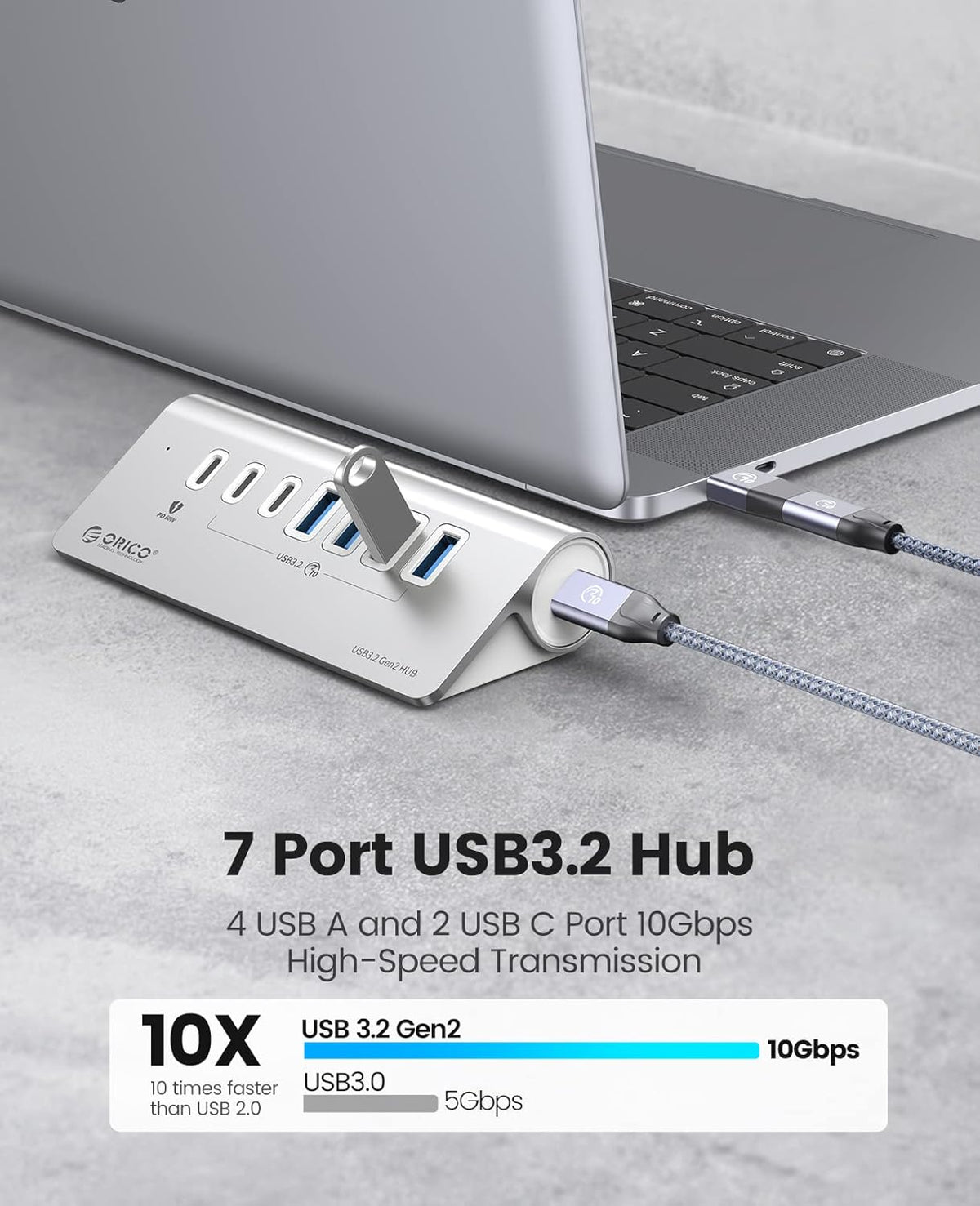ORICO 7-Port USB 3.2 Gen2 Hub, Powered USB 3.2 Hub with 4 USB-A, 2 USB-C, PD 60W, 72W Power Adapter, 10Gbps Aluminium USB-Splitter with 1.64Ft USB-C to USB-A/C Cable for iMac, MacBooks, Mac mini