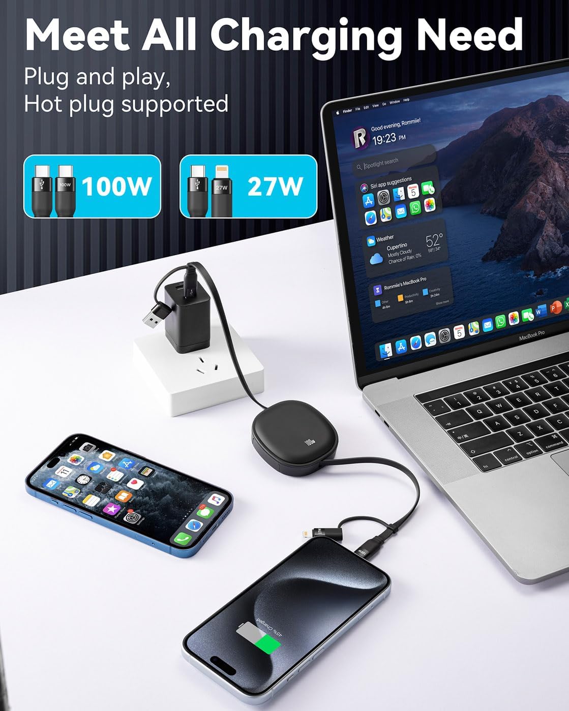 5 in 1 Retractable Cable,100W Multi Charging Cord for Multiple Devices | Adjustable Length Retractable Charger Cable & Phone Holder, USBA/C/Lightning/Micro for iPhone 17-11 Pro/Max, Galaxy, iPad, Ps