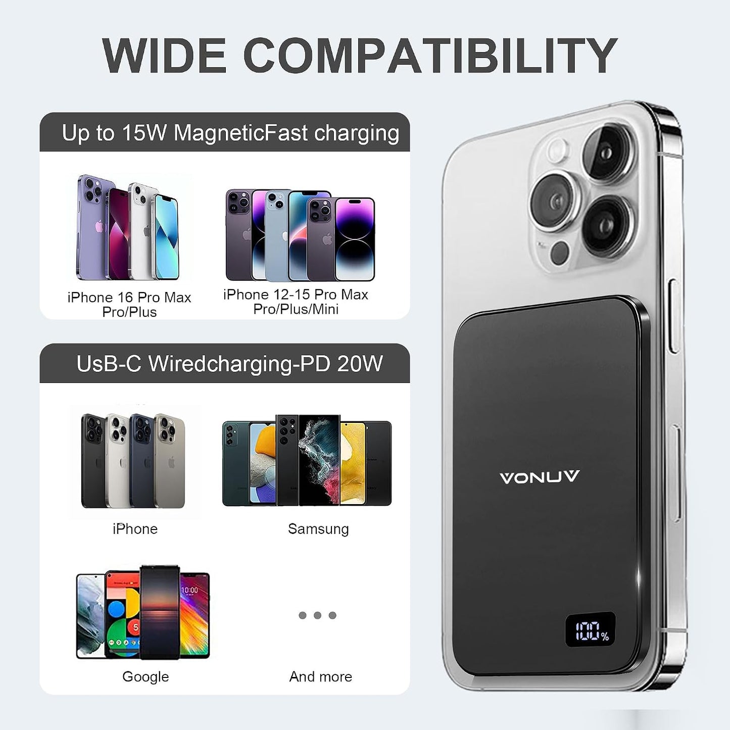 Magnetic Portable Charger 5000mAh, 15W Ultra Slim Wireless Portable Charger, Fast Charging for iPhone 17/16/15/14/13/12 Pro/Pro Max/Plus, Metal Shell, USB-C Cable to Charge Other Phones (Grey)