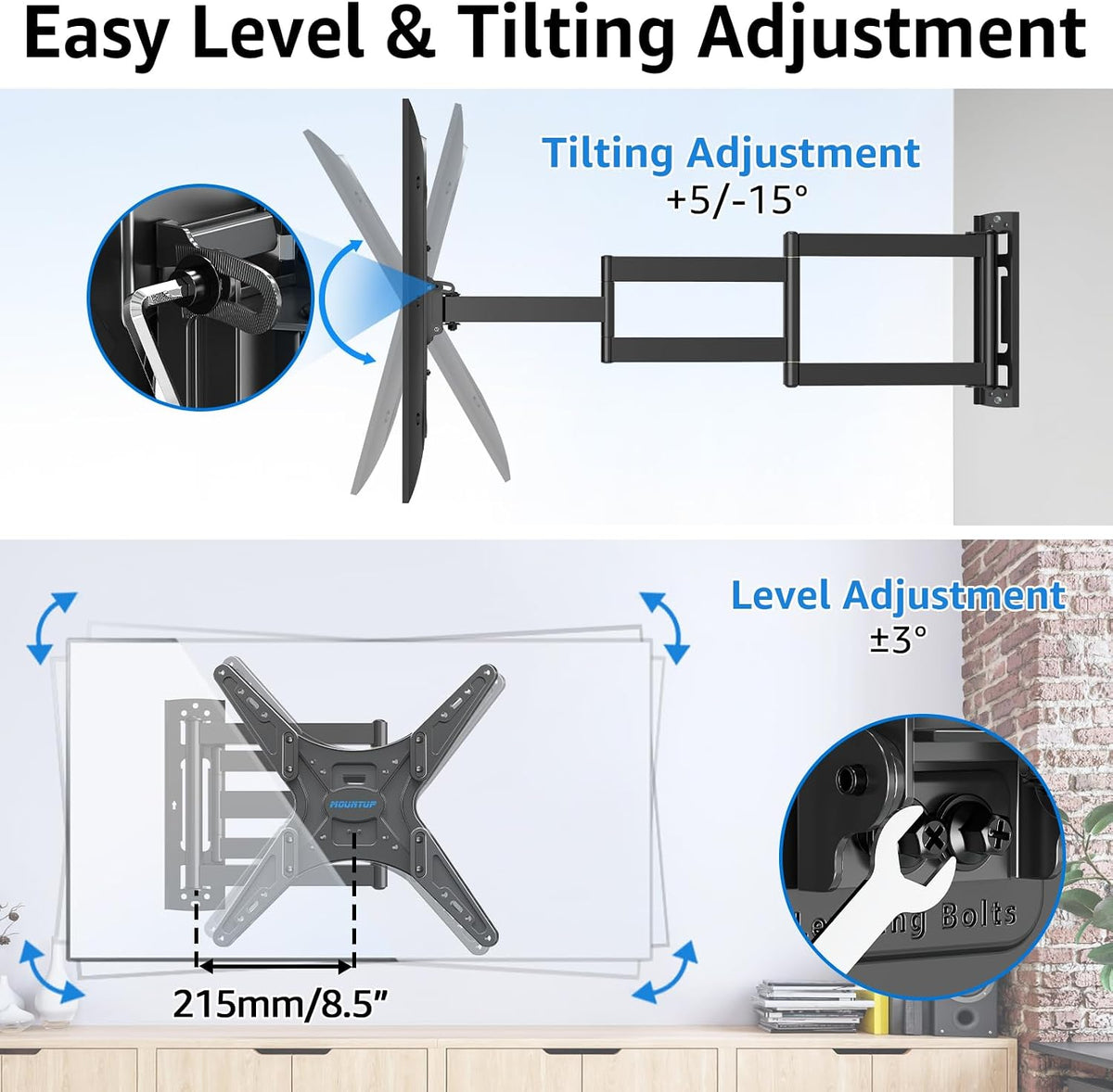 MOUNTUP Corner TV Wall Mount for Most 26-65 Inch TVs, Long Arm TV Mount with 30 Inch Extension Arm, Smooth Swivel Tilt Single Stud Full Motion Bracket Max VESA 400x400mm, 77 lbs Heavy Duty, MU0057
