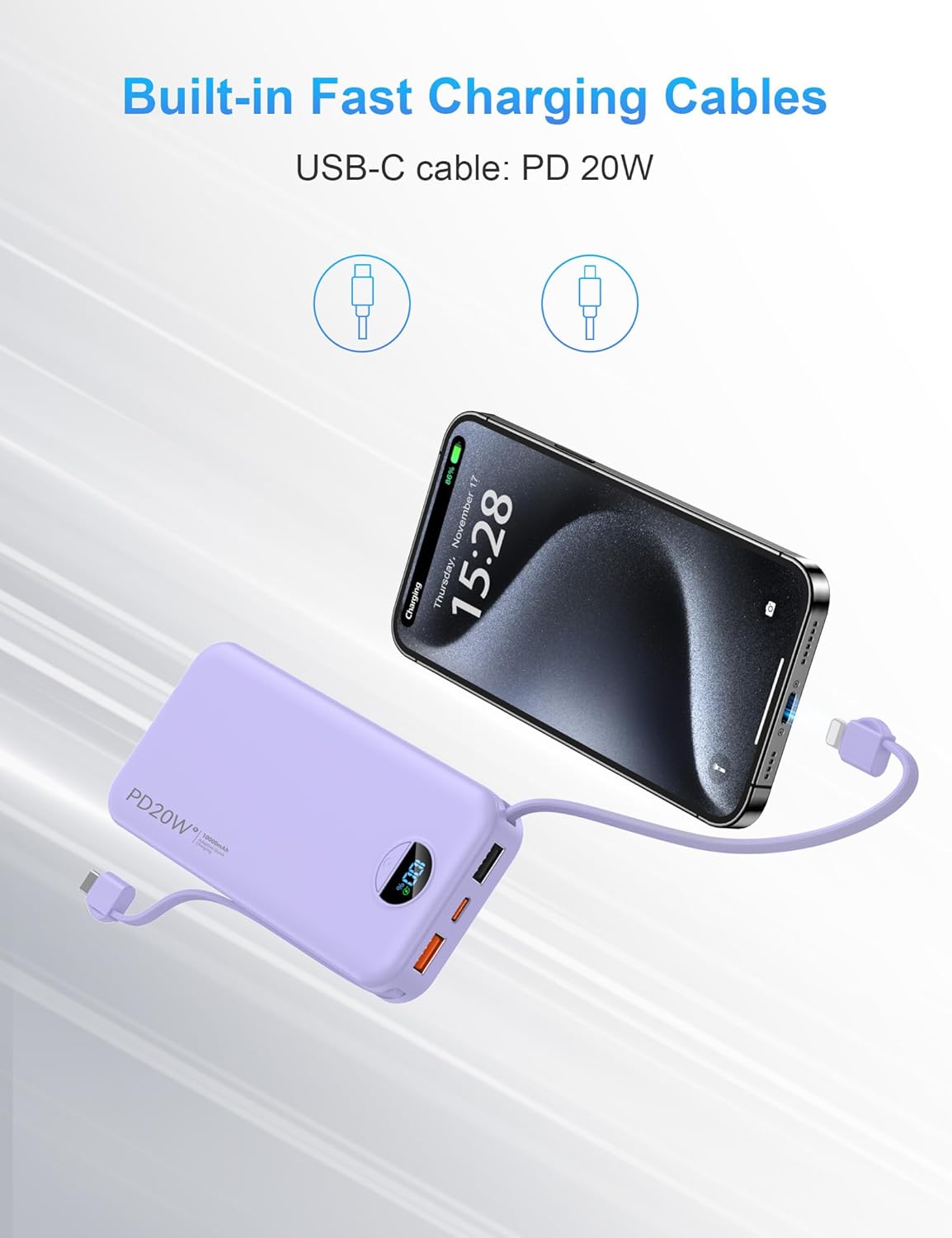 Ffnpua Portable Charger Power Bank 10000mAh PD20W w/Built-in Cables | Portable Phone Charger,Fast charging,Built in wall plug,LED display,Charge 5 devices at once,Pass through charging