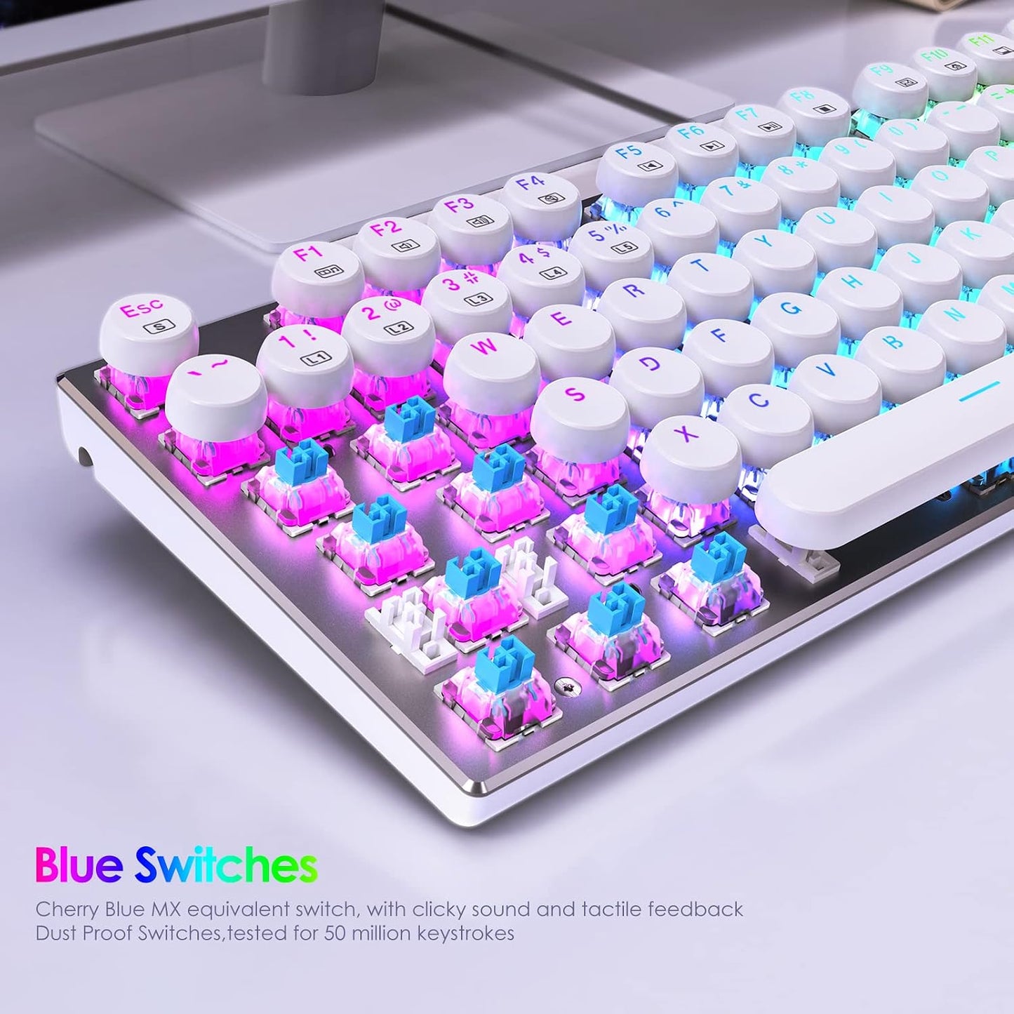 HUO JI E-Yooso Z-88 Wired Typewriter Style Mechanical Keyboard, White | Programmable RGB Backlit, Clicky Blue Switches, Detachable USB-C Cable, Metal Panel, 104 Double-Shot Keycaps for PC Gaming