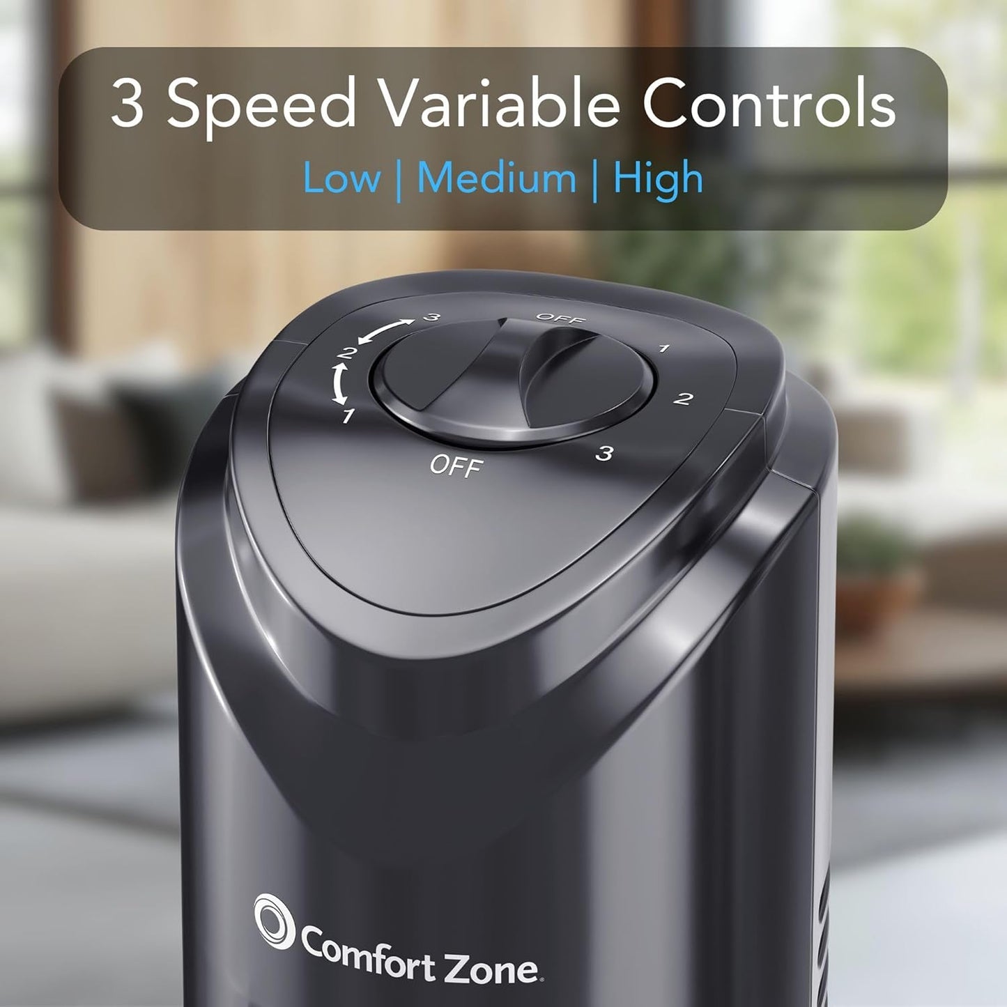 Comfort Zone 32-Inch Oscillating Tower Fan – Ultra-Slim Bladeless Design with 3 Speeds, 90° Wide Oscillation & Built-in Carry Handle – Quiet Portable Standing Fan for Bedroom, Home, or Office, Black