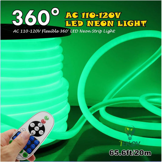 [Upgrade] 360° LED NEON Light, AC 110-120V Flexible 360 Degree LED Neon Strip Lights, Dimmable & Waterproof NEON LED Rope Light + Remote Controller for Decoration (65.6ft/20m, Green)