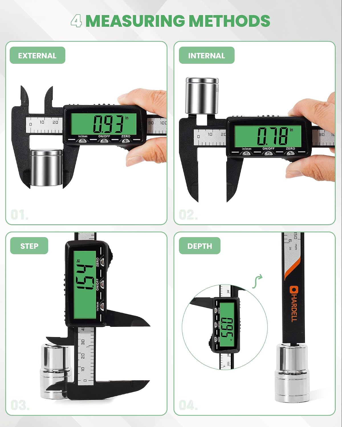 HARDELL Rechargeable Digital Caliper 6" Plastic Calipers Green Screen | High-Contrast Everyday Caliper Measuring Tool Inch/MM Auto-Off Woodworking DIY Jewelry Household Non-Backlight